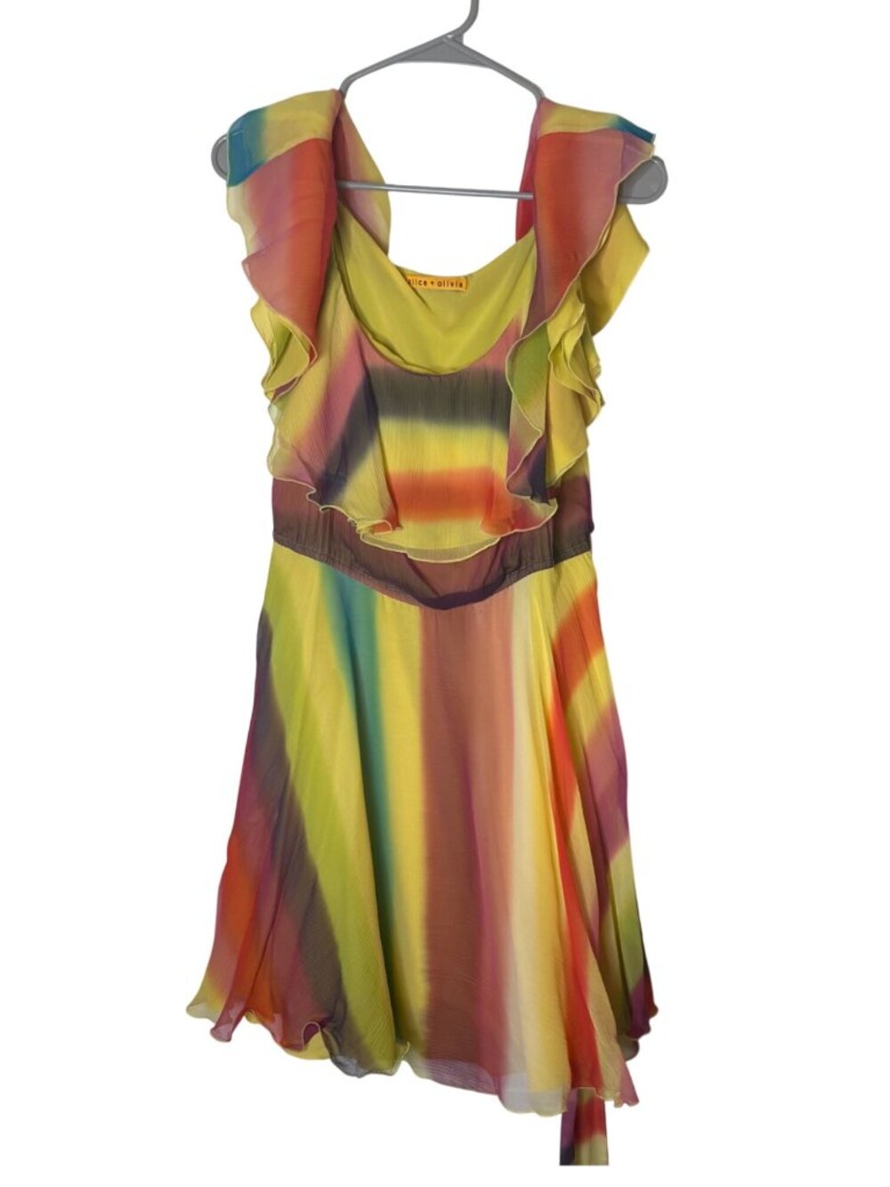Alice + Olivia Silk Dress M Watercolor Stripe Ruffle Mini Boho Romantic Resort